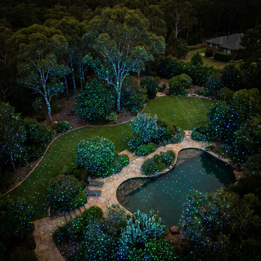Aerial view of HighBright garden laser covering 40+ metres with blue and green pinpoint dots