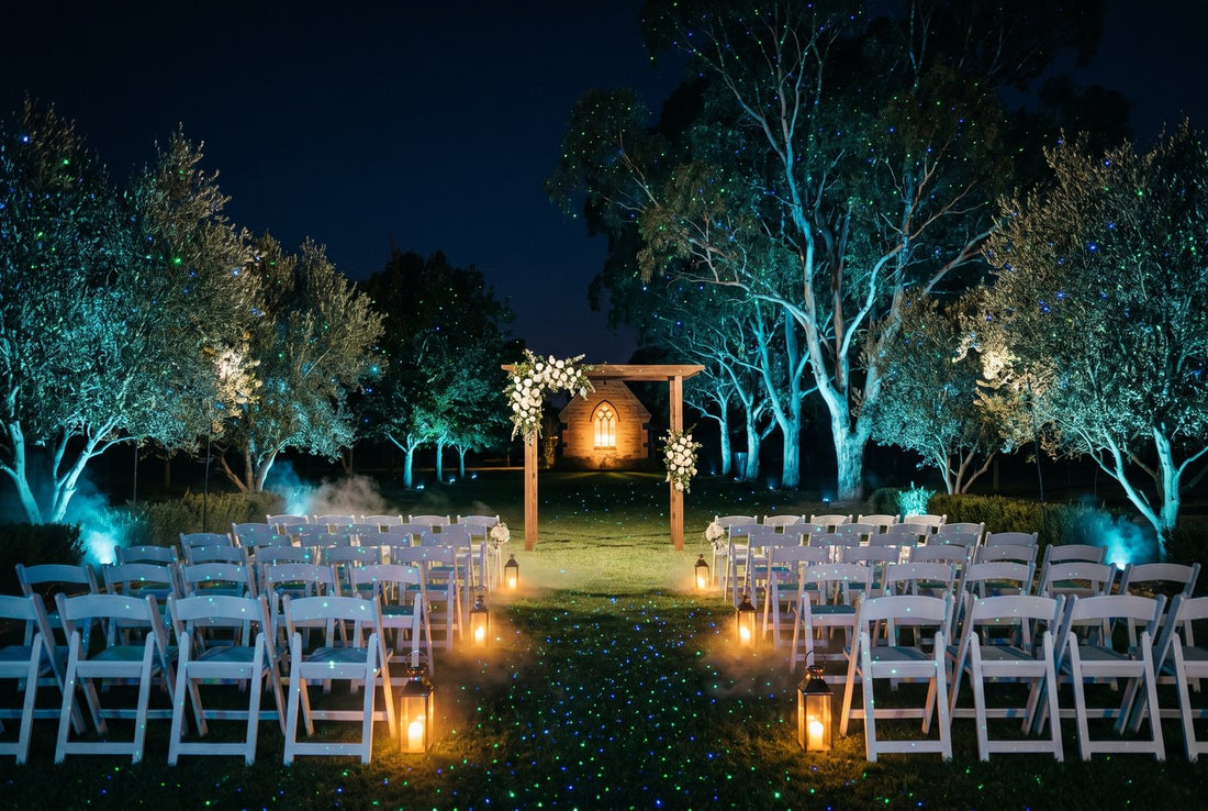 Wedding ceremony lawn under a green and blue laser starfield