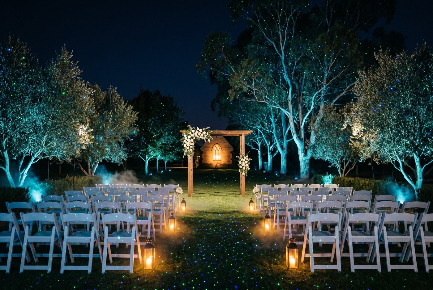 Wedding ceremony lawn under a green and blue laser starfield