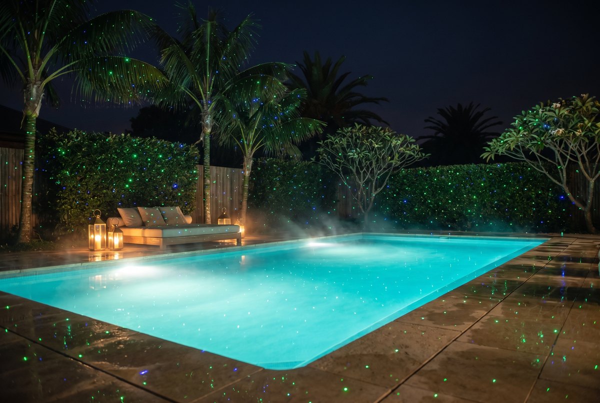 Backyard pool party under green and blue laser stars