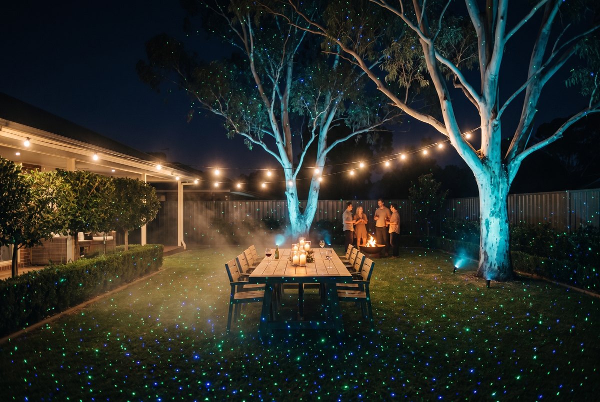 Backyard dinner party under green and blue laser stars