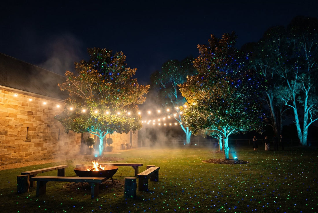Christmas in July firepit courtyard under laser stars
