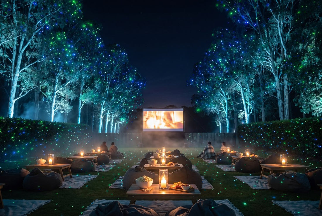 Backyard movie night under green and blue laser stars