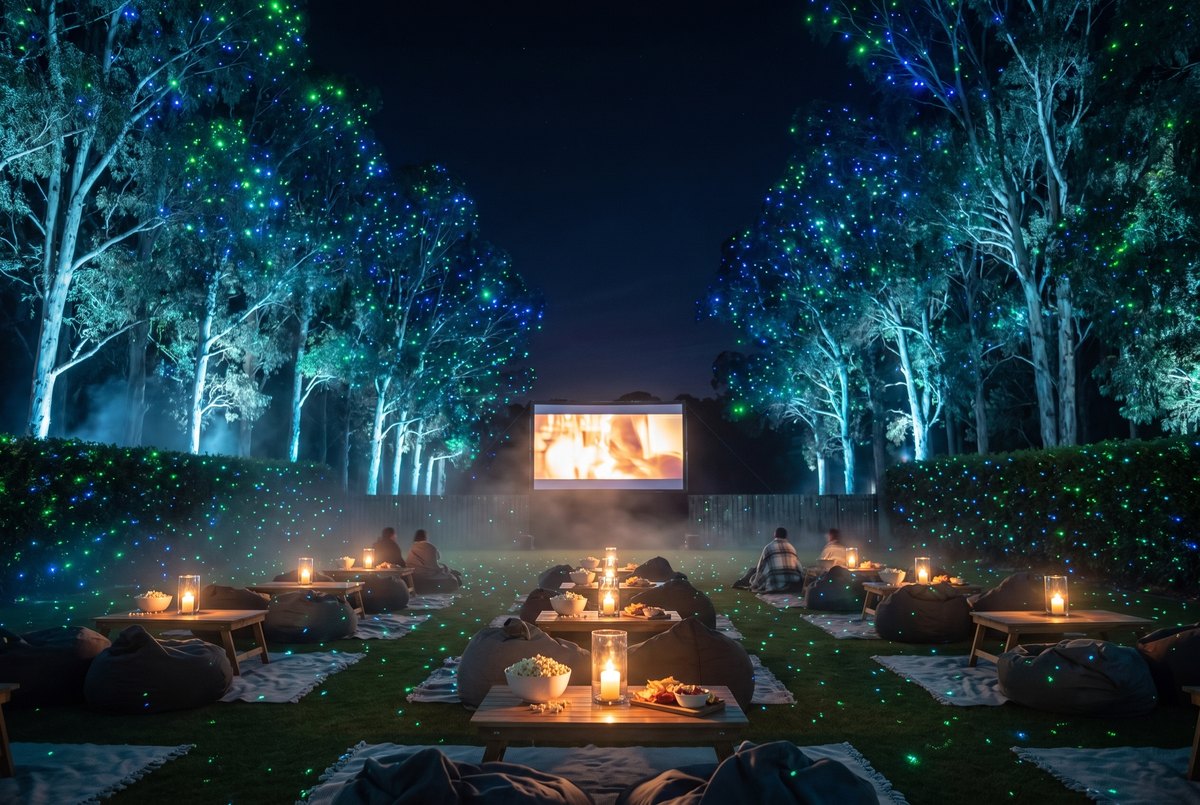Backyard movie night under green and blue laser stars