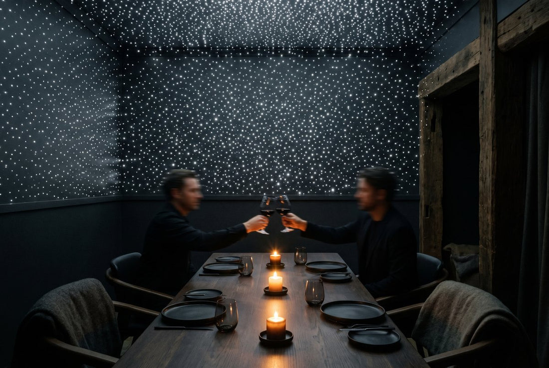Pure white laser stars across a dining room ceiling