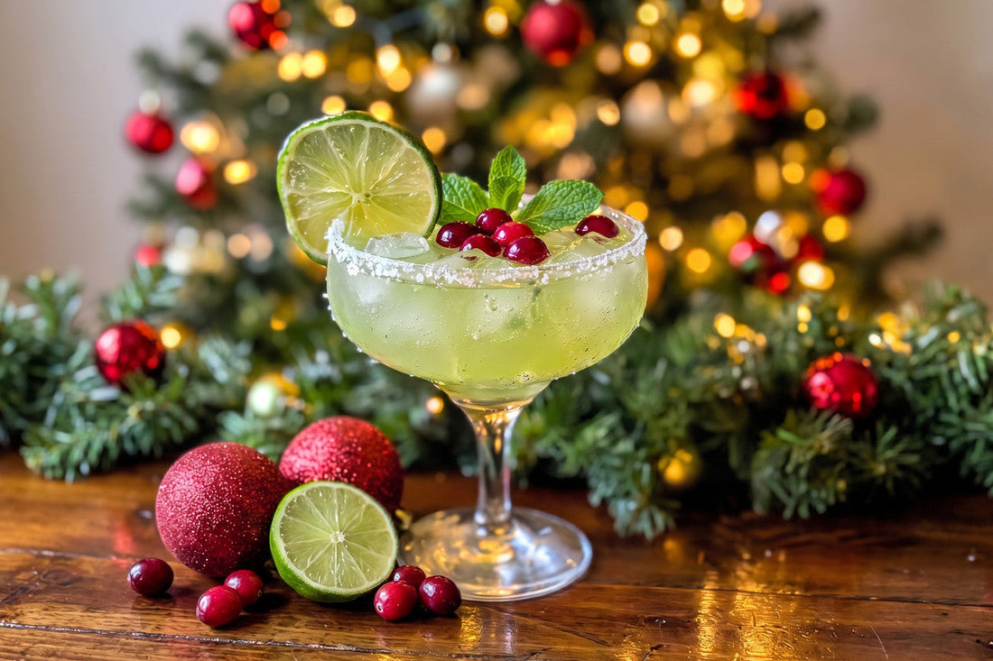 Christmas Mistletoe Margarita cocktail with cranberries, lime and a sugar rim