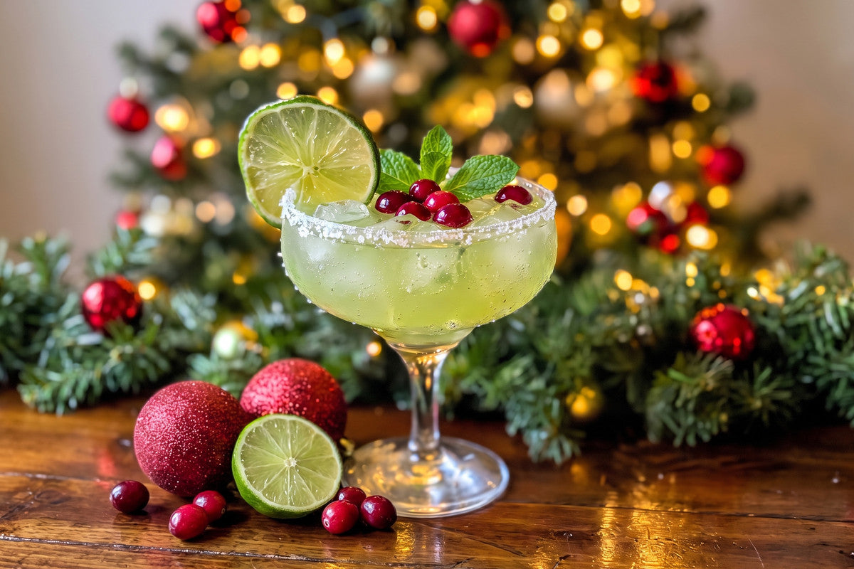 Christmas Mistletoe Margarita cocktail with cranberries, lime and a sugar rim