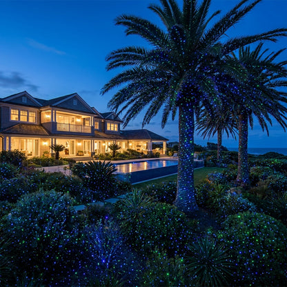 HighBright laser light covering palm trees with blue and green dots at premium coastal Australian property