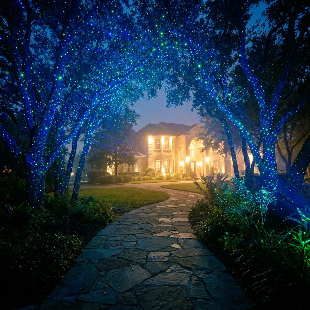 Wooden garden pathway with palms on both sides illuminated by blue and green laser dots
