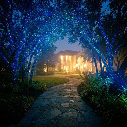 Wooden garden pathway with palms on both sides illuminated by blue and green laser dots