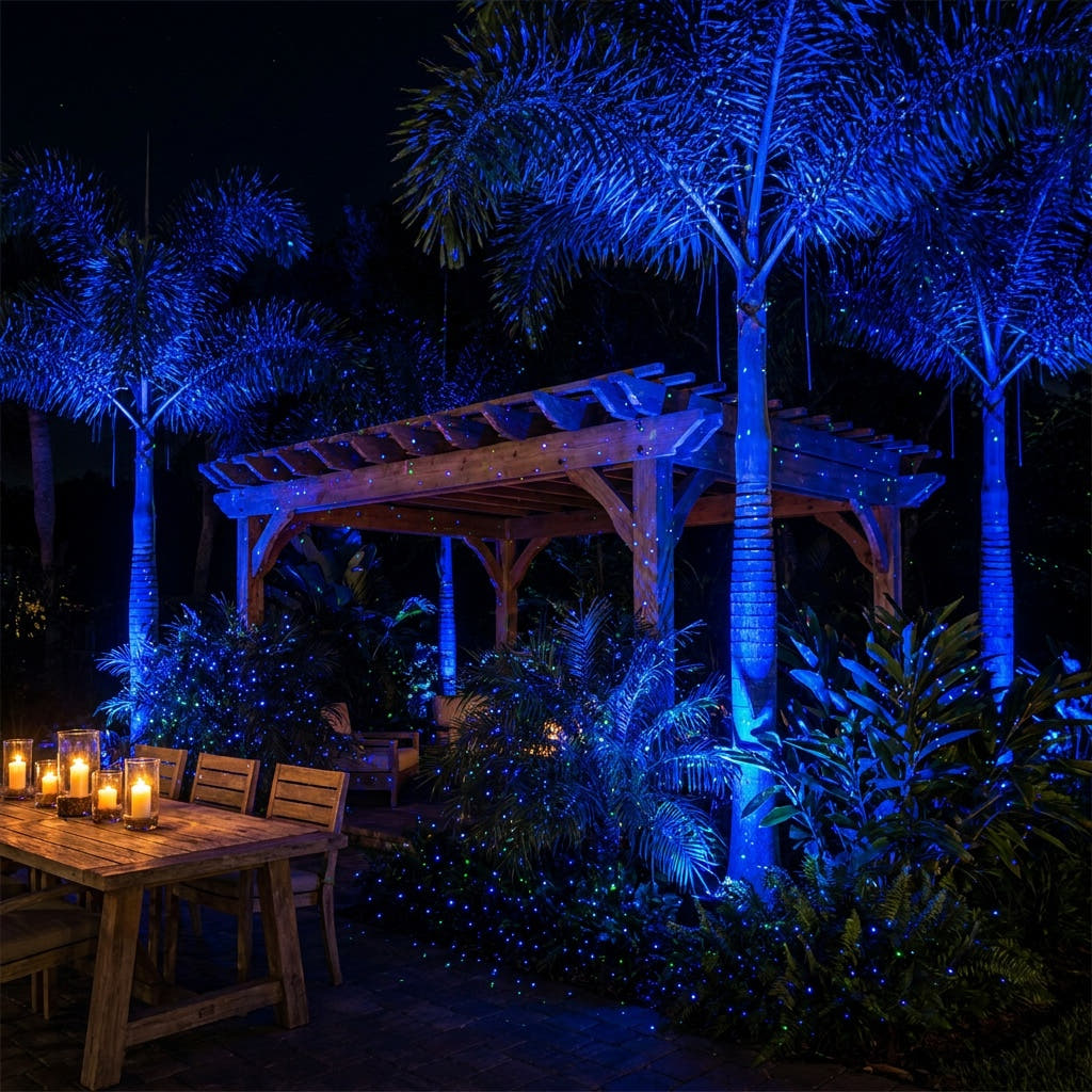 Outdoor pergola dining area with palms drenched in HighBright blue and green laser light