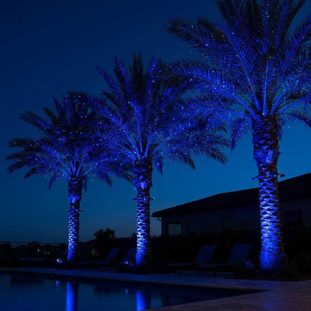 Three palm trees at pool deck intensely lit with blue and green laser dots, premium resort aesthetic