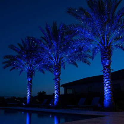 Three palm trees at pool deck intensely lit with blue and green laser dots, premium resort aesthetic