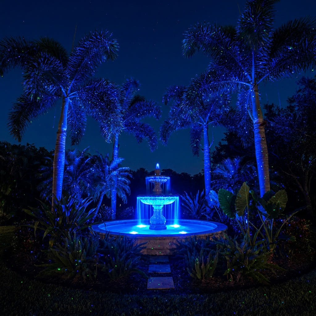 Premium garden with fountain centerpiece and palms lit by HighBright laser projector blue and green dots