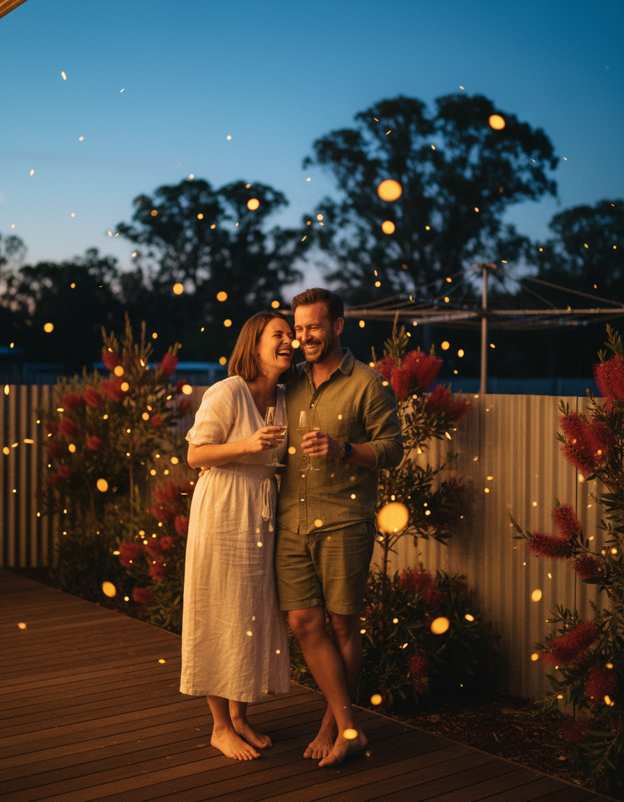 Couple on outdoor deck at twilight surrounded by warm yellow firefly garden light dots