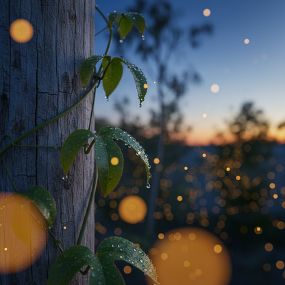 Macro of passionfruit vine on fence with yellow firefly garden light bokeh