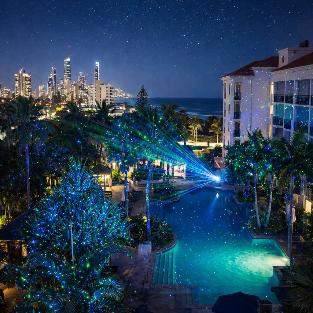 HighBright Professional Garden Laser Light Blue and Green — poolside garden lit with scattered green and blue laser dots