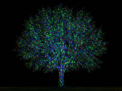 All three colours - a whole tree densely covered in red, green and blue laser dots
