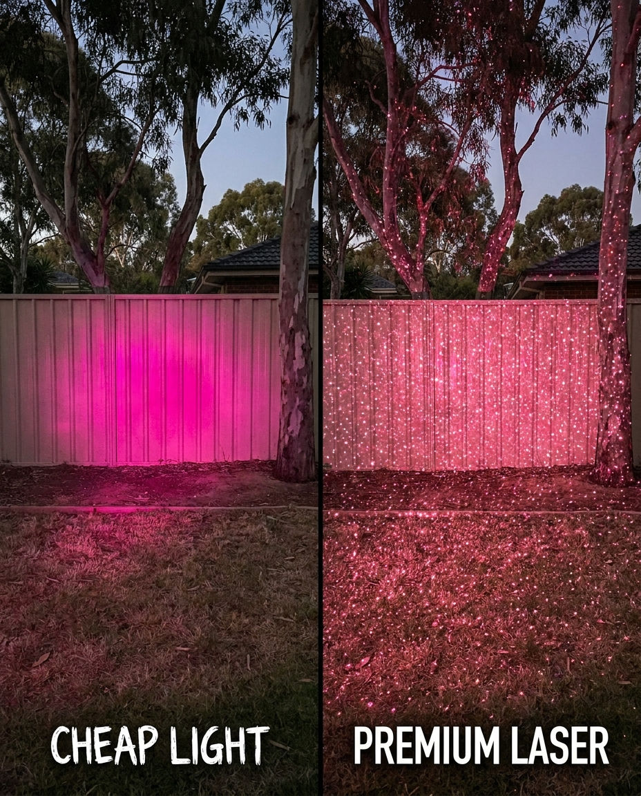 Cheap pink light versus premium Crystal Lightfall laser - thousands of dense pink points