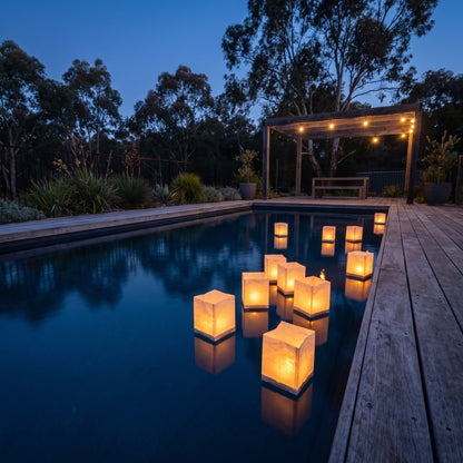 Chinese floating lanterns glowing on a backyard pool at dusk - 10 pack of square paper water lanterns with tea lights