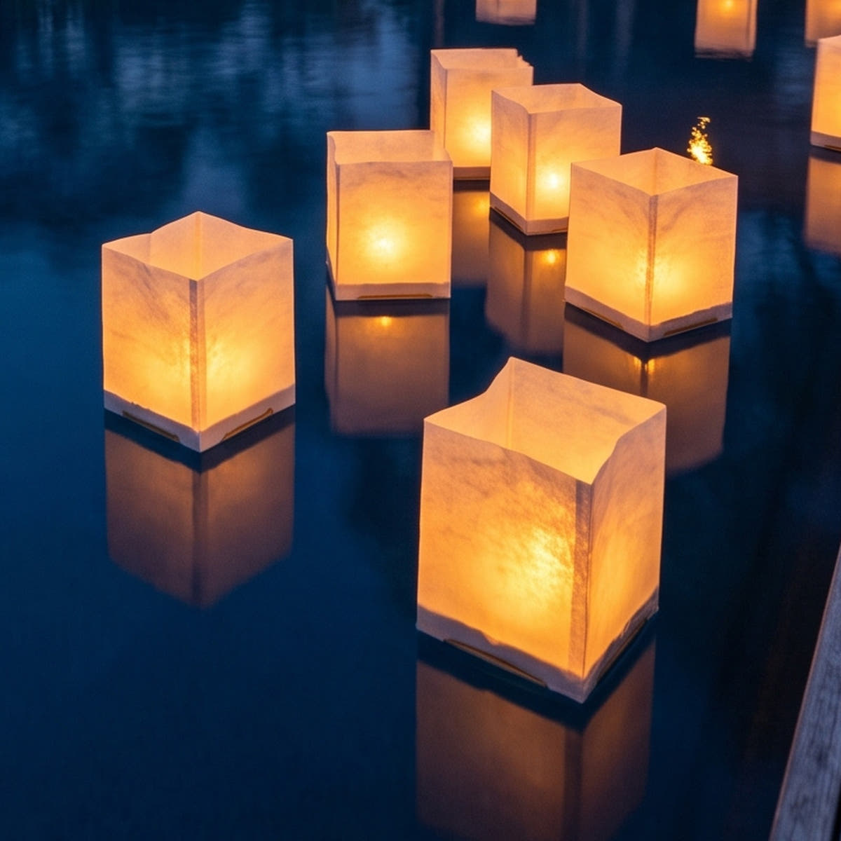 Square paper floating lanterns glowing on pool water at dusk, close view