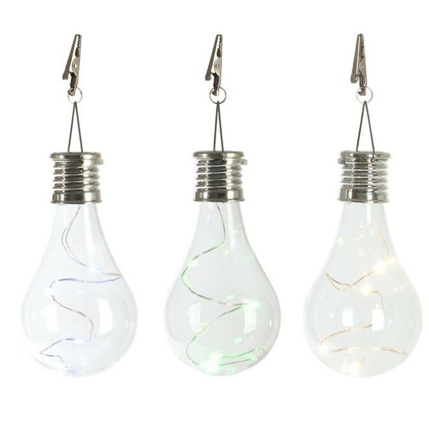 Solar tree light bulb 5 pack - three clear hanging bulbs with colour-change fairy LEDs inside