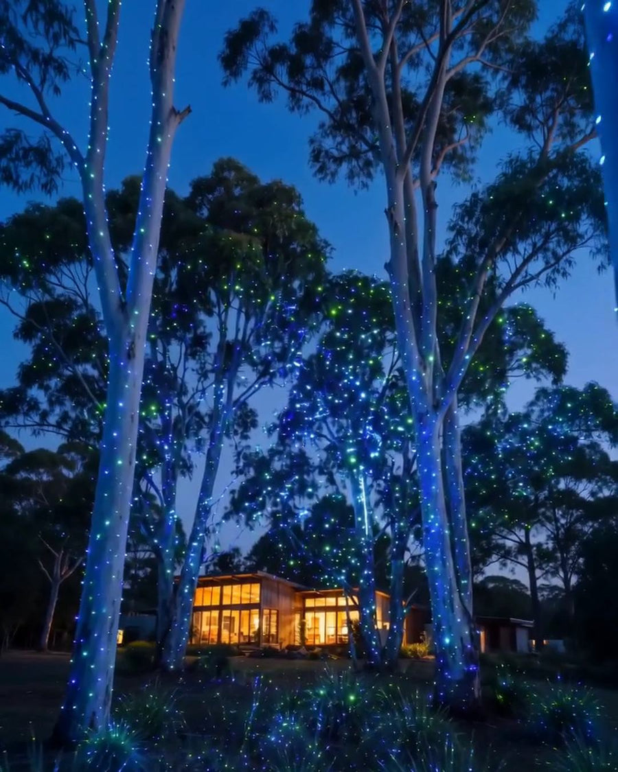 Modern acreage at night lit by blue and green laser points