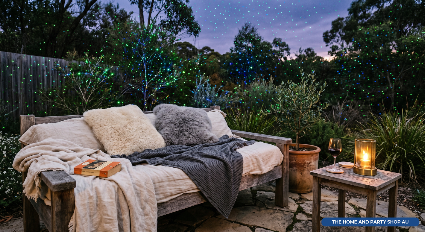Cosy outdoor evening — laser garden ambience