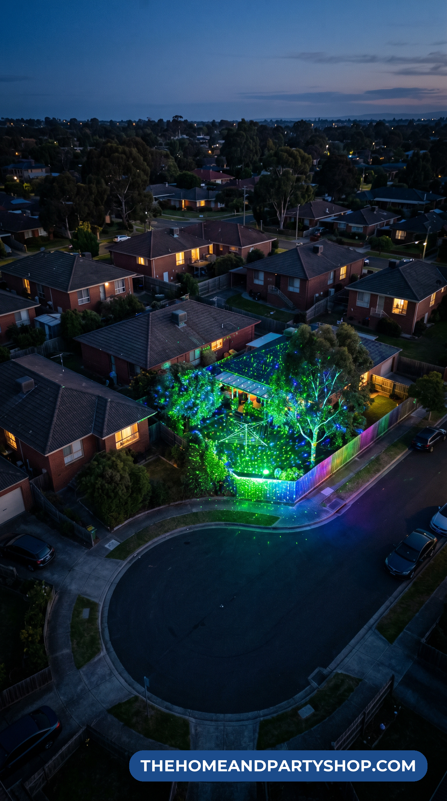 Garden laser turning suburban backyard into magical evening