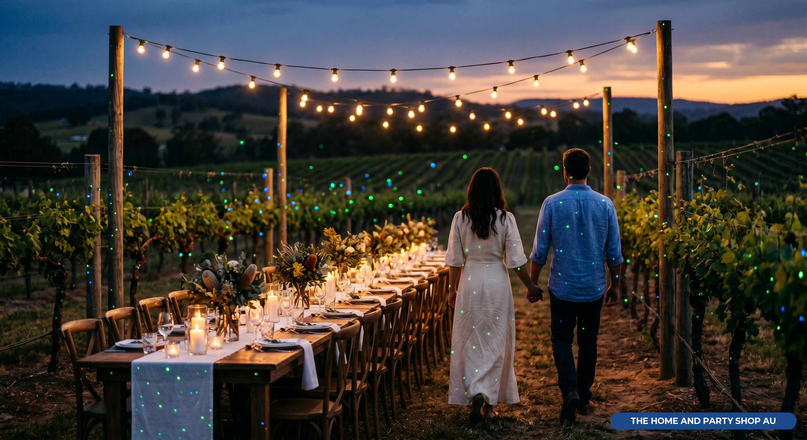 Outdoor evening event with garden laser lighting