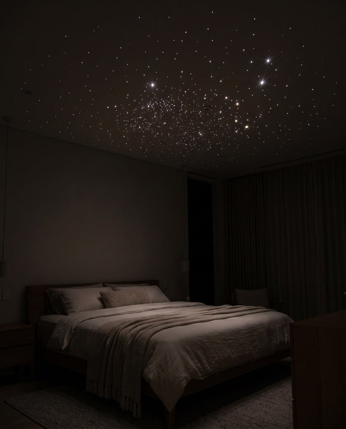Bedroom ceiling covered in a dense field of white laser stars at night