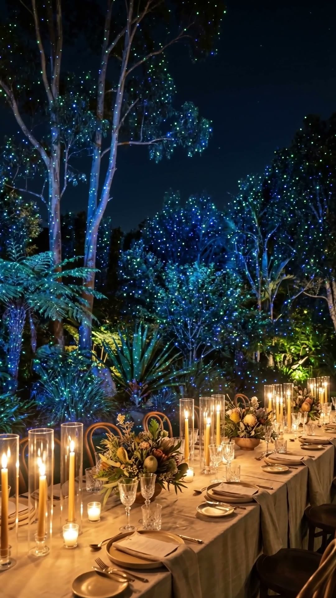 Garden laser lights transforming a candle-lit backyard dinner at night